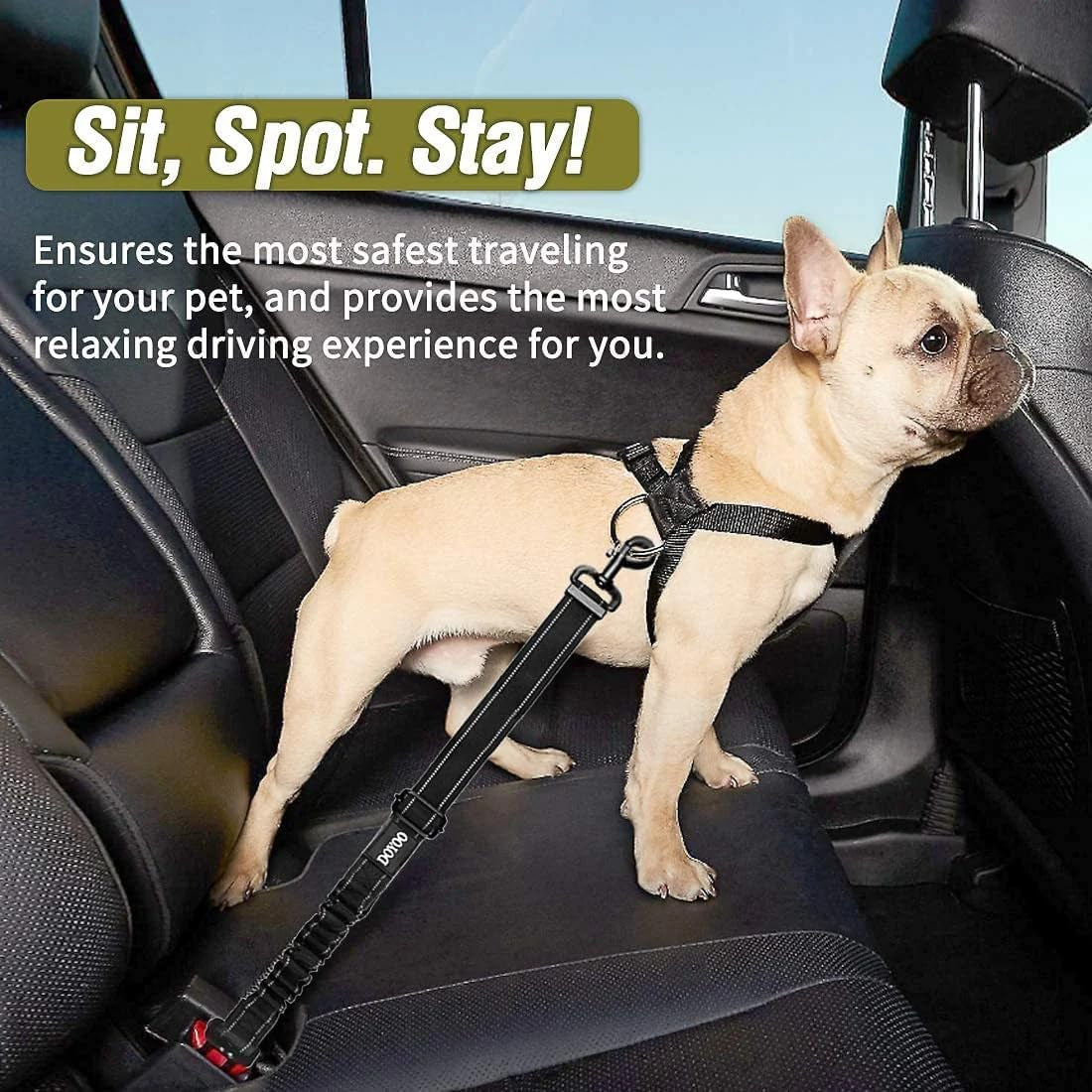 2-Pack Adjustable Heavy-Duty 2-in-1 Dog Car Seat Belts with Elastic and Reflective Features