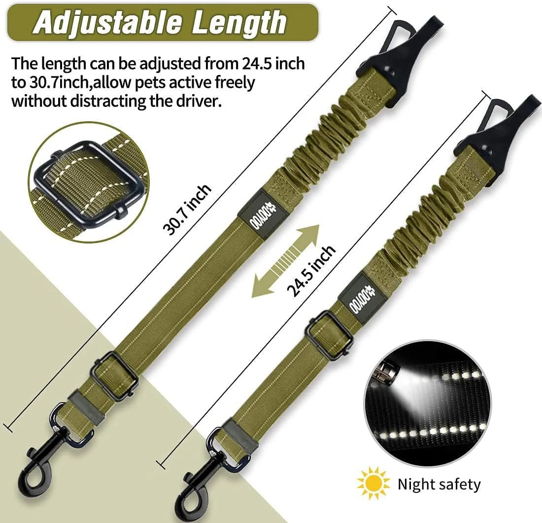 2-Pack Adjustable Heavy-Duty 2-in-1 Dog Car Seat Belts with Elastic and Reflective Features