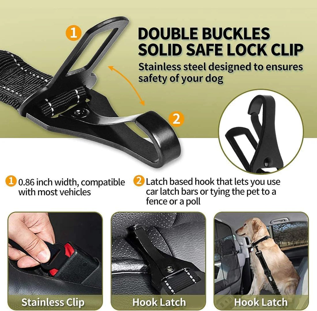 2-Pack Adjustable Heavy-Duty 2-in-1 Dog Car Seat Belts with Elastic and Reflective Features