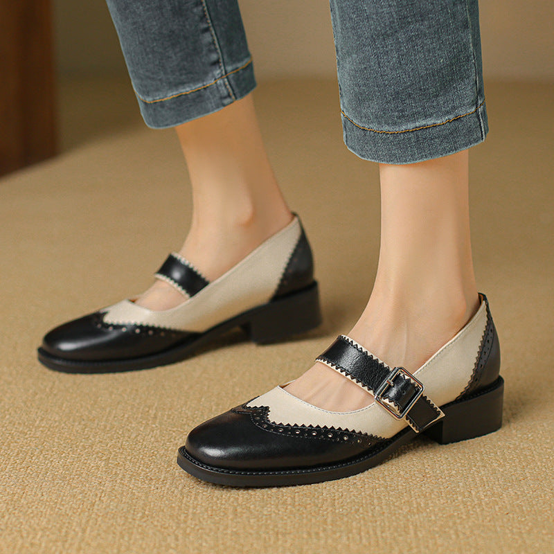 Square Toe Mary Jane Leather Shoes for Women