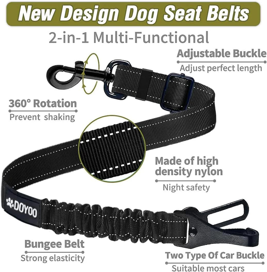 2-Pack Adjustable Heavy-Duty 2-in-1 Dog Car Seat Belts with Elastic and Reflective Features